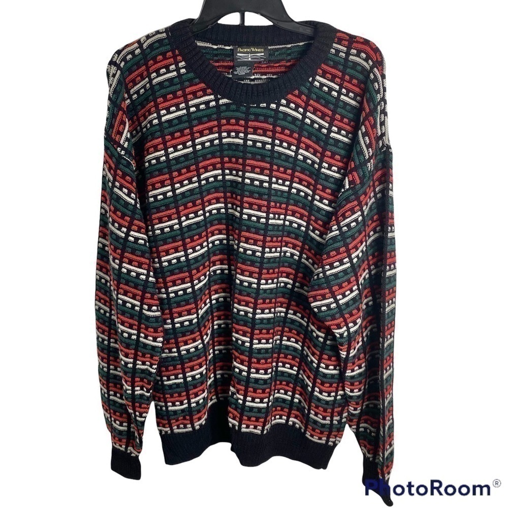 Pacific Winds Knit Dad Sweater Large Red Green Black Christmas Crewneck Men’s